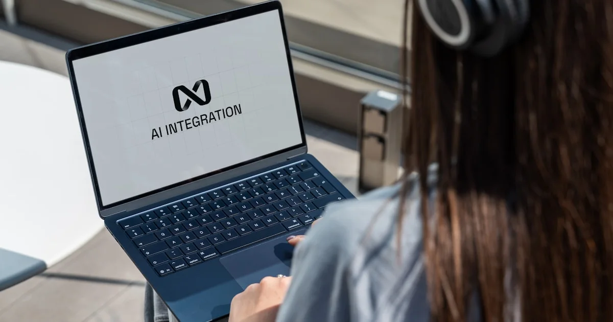 Person using laptop with ai integration logo displayed.