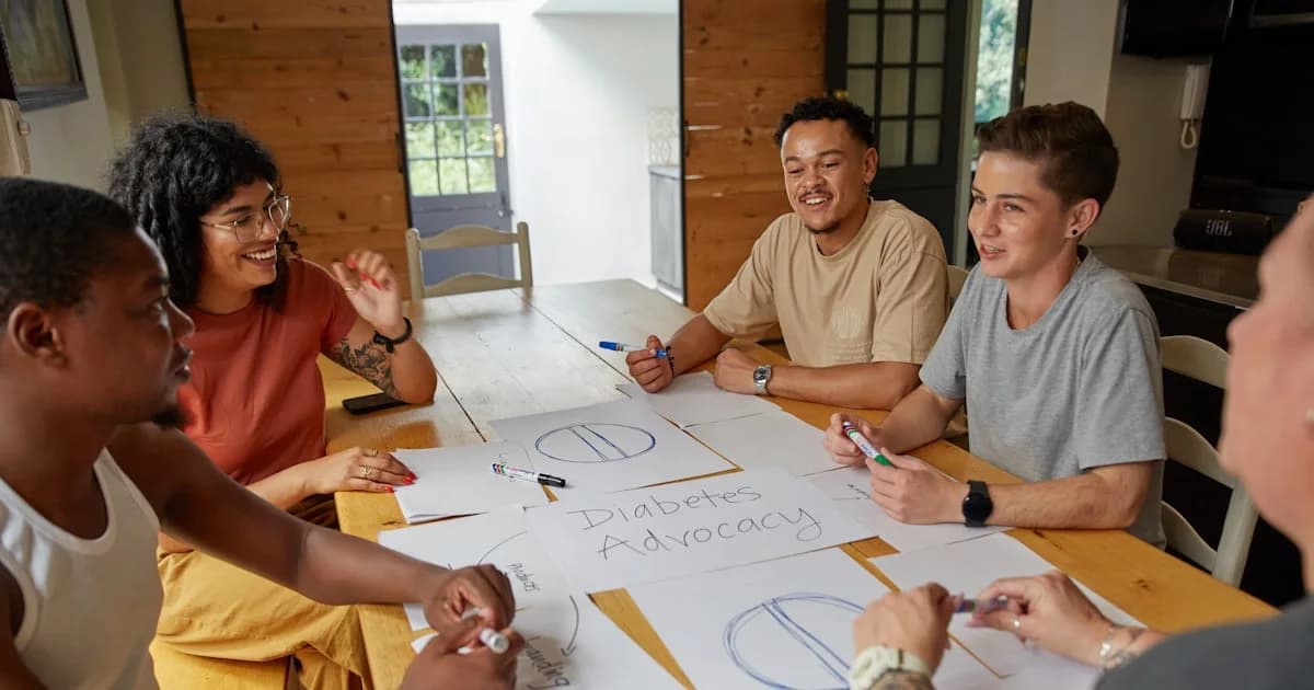 a group of people sitting around a wooden table