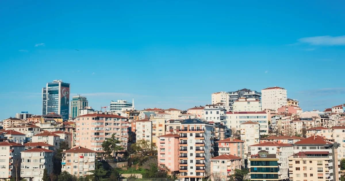 City skyline with numerous buildings under a clear blue sky.
