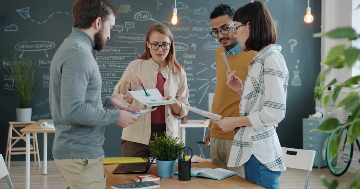 Diverse team collaborating on a project in an office.