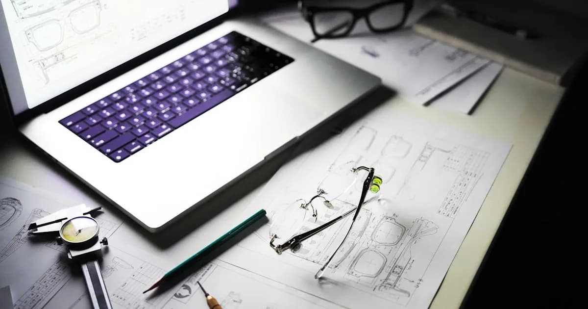 Desk with laptop, blueprints, and tools