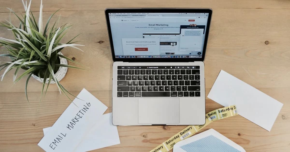 MacBook Pro beside white papers and plant