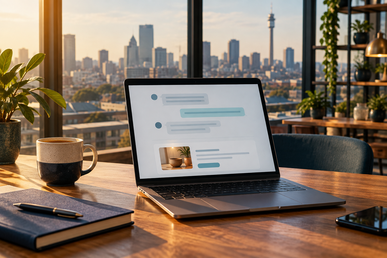 AI-generated illustration of a laptop with an abstract conversational ad interface on a desk overlooking the Johannesburg skyline.