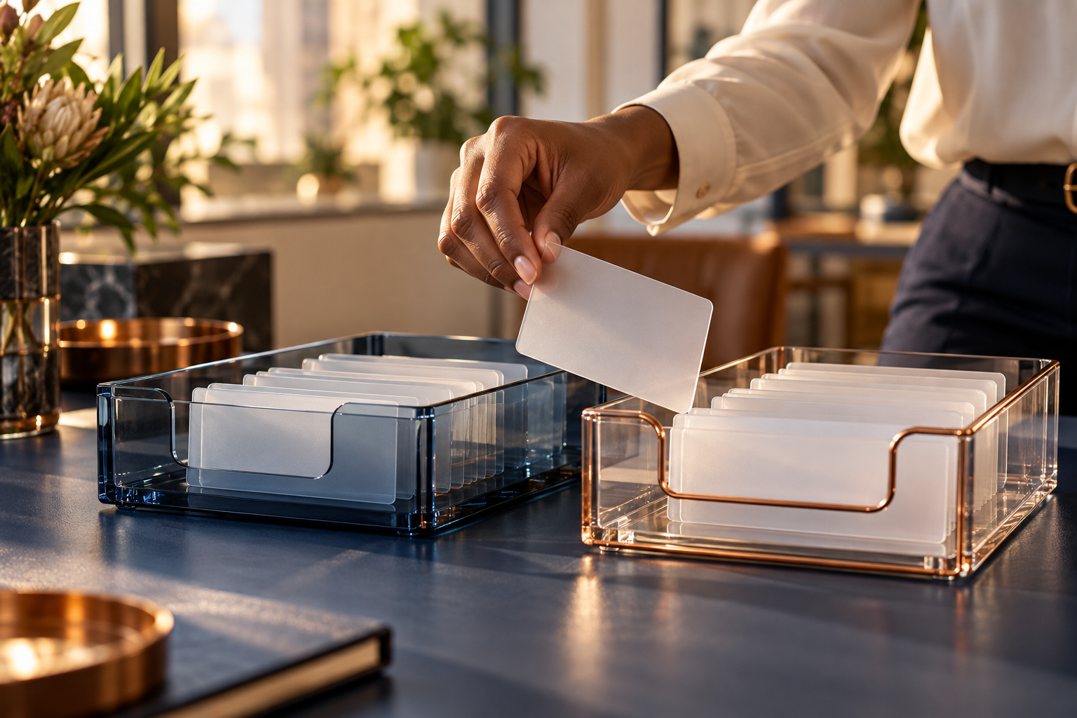 A hand transfers a blank translucent card between navy and copper-edged filing trays in a warmly lit office.