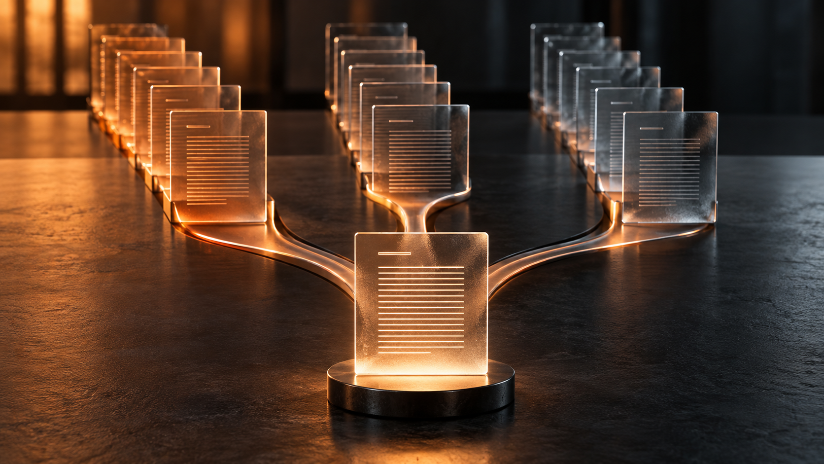 Three rows of glass document forms linked by glowing paths to a single consolidated document.