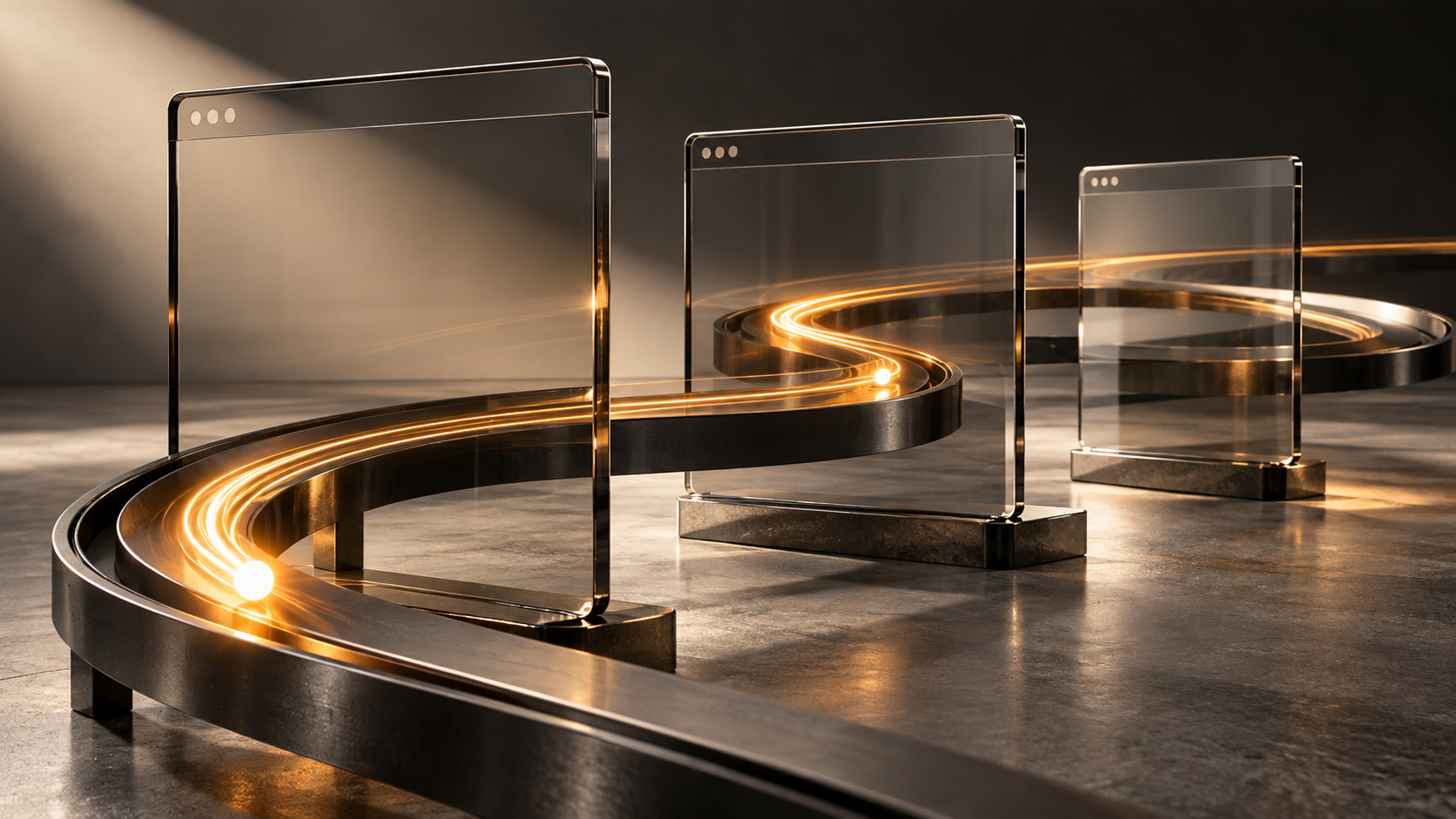 Amber light travelling along a curved track through three transparent browser-like frames.