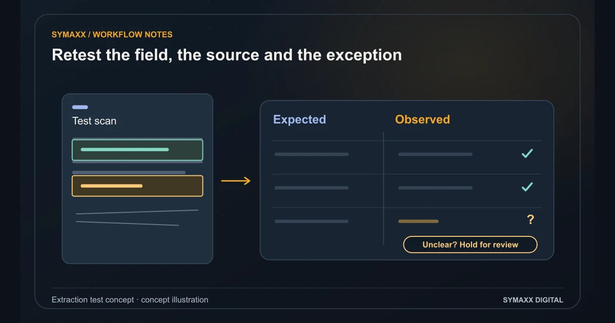Illustration comparing expected and extracted scan fields, with uncertainty held for review.